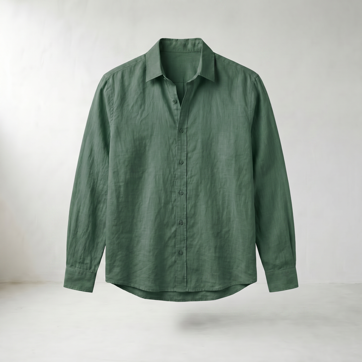 Jonas Light Blue Linen Stand Collar Shirt — Dark green