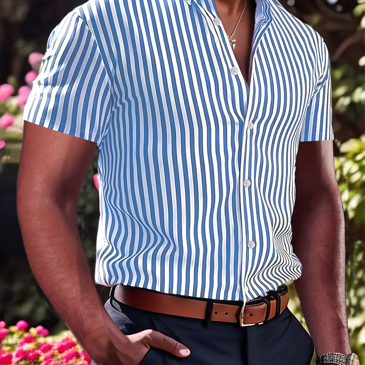 Men's Striped Short Sleeve Shirt - Classic Pattern — Blue