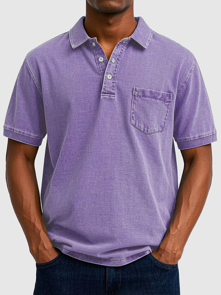 Men's Cotton-Denim Short Sleeve Polo with Ribbed Collar - Smart Casual Summer Shirt — Purple