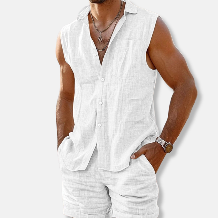Oliver | Men’s Sleeveless Button-Down Linen Shirt Set