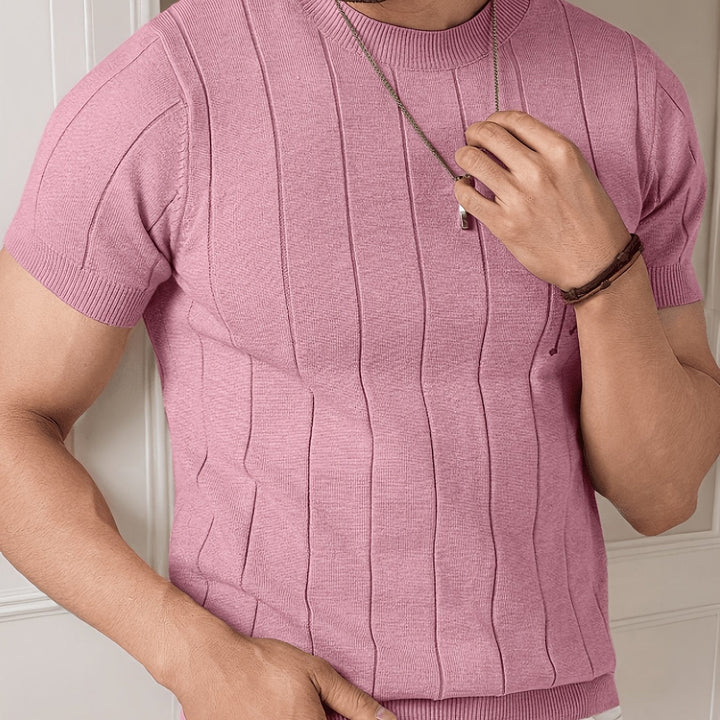Men's Ribbed Knit Top with Short Sleeves - Casual Cotton Textured Tee — Pink