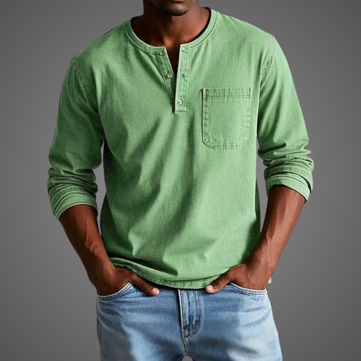 Men's Long Sleeve Cotton Henley Shirt - Relaxed Casual Everyday Top — Green