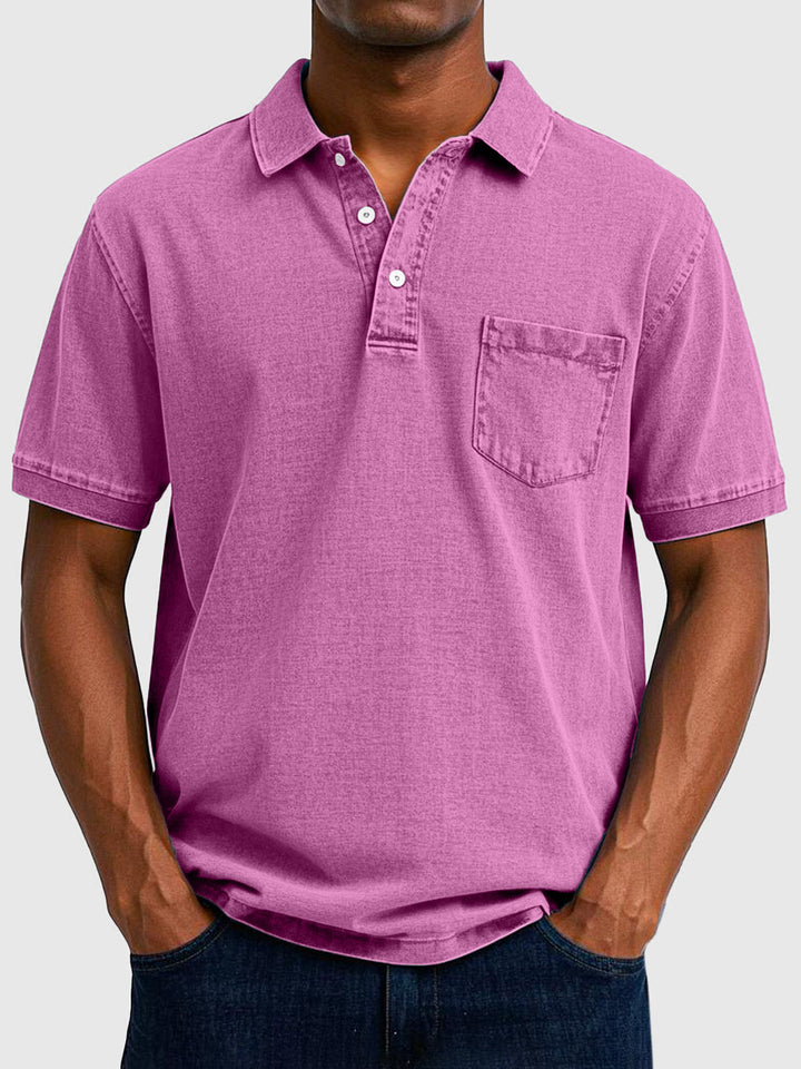 Men's Cotton-Denim Short Sleeve Polo with Ribbed Collar - Smart Casual Summer Shirt — Lavender