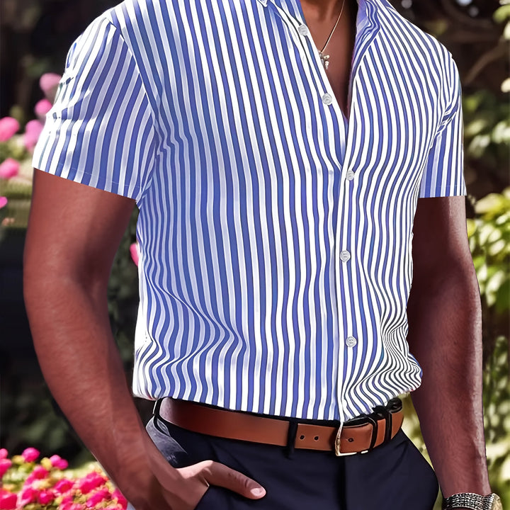 Men's Striped Short Sleeve Shirt - Classic Pattern — Bright Steel Blue