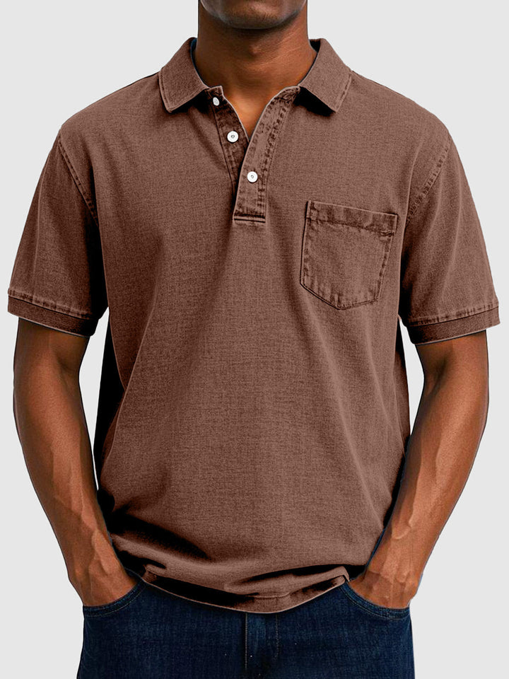 Men's Cotton-Denim Short Sleeve Polo with Ribbed Collar - Smart Casual Summer Shirt — Brown