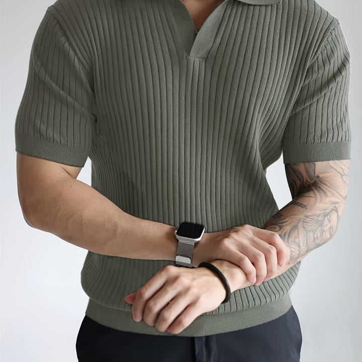 Men's Ribbed Polo Shirt with Open Collar - Relaxed Cotton Casual Polo — Olive Green
