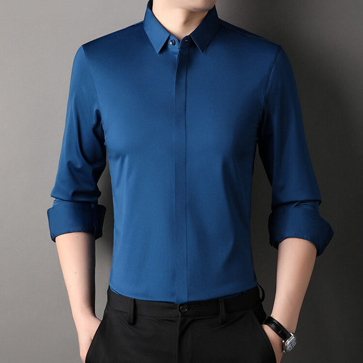 Men's Long Sleeve Cotton Shirt with Point Collar - Smart Casual Everyday Shirt — Dark Blue