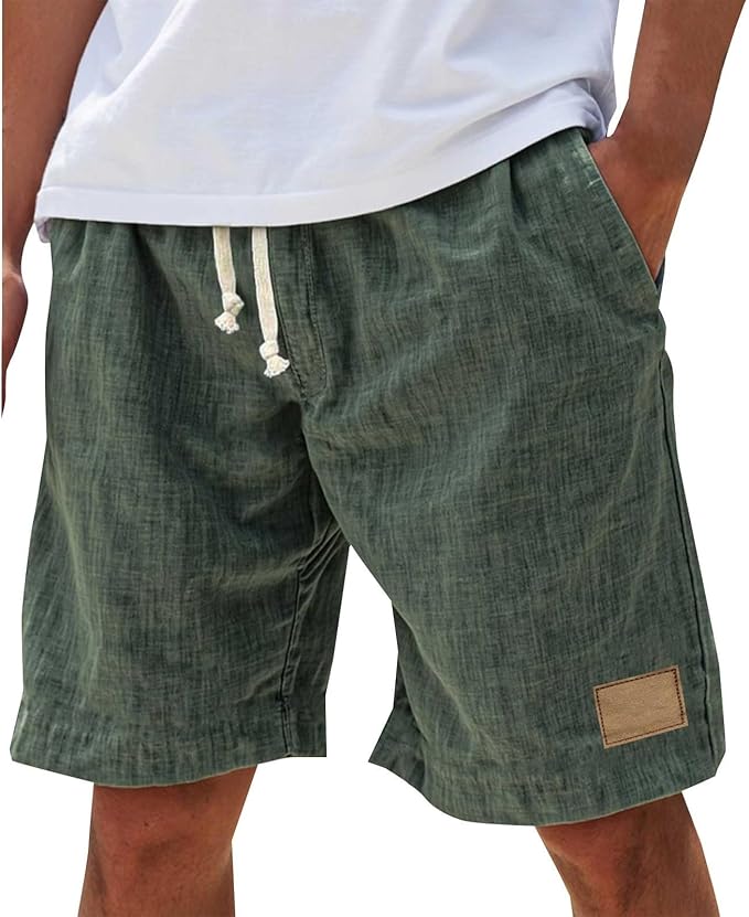 Men's Relaxed Linen Shorts with Elastic Waist - Comfortable Summer Shorts — Green