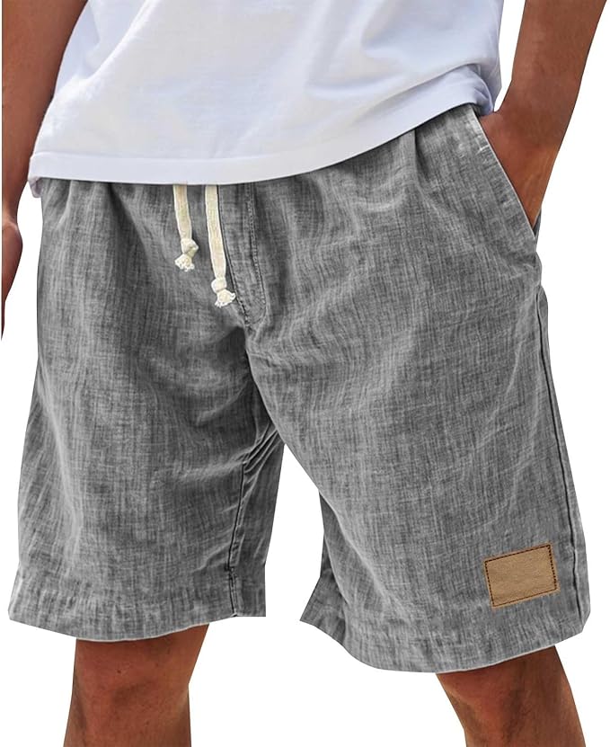 Men's Relaxed Linen Shorts with Elastic Waist - Comfortable Summer Shorts — Grey
