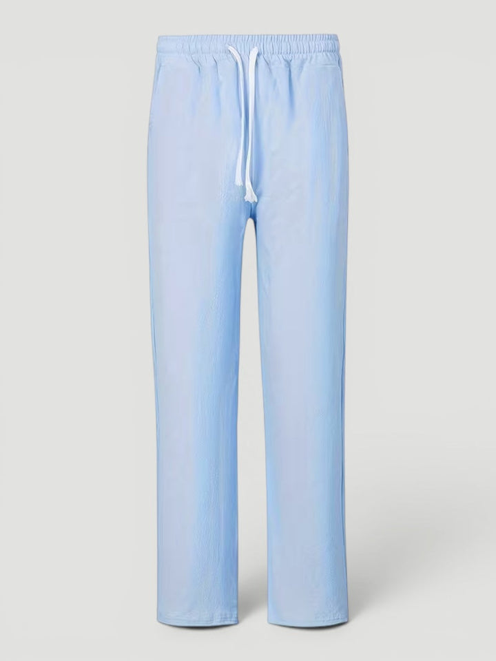 Men's Linen Blend Trousers with Straight Leg Fit - Relaxed Summer Trousers — Blue