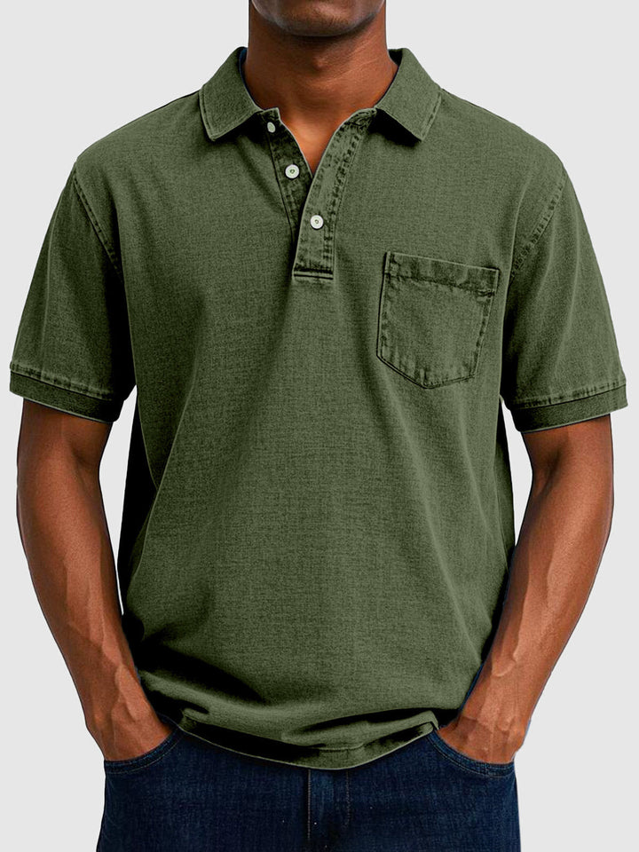 Men's Cotton-Denim Short Sleeve Polo with Ribbed Collar - Smart Casual Summer Shirt — Army Green