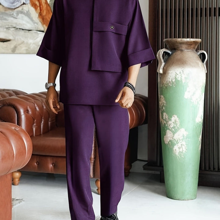 Men's Relaxed Two-Piece Cotton Set with Matching Trousers - Casual Coordinated Outfit — Purple
