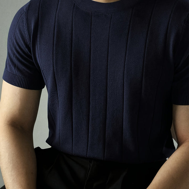 Men's Ribbed Knit Top with Short Sleeves - Casual Cotton Textured Tee — Navy