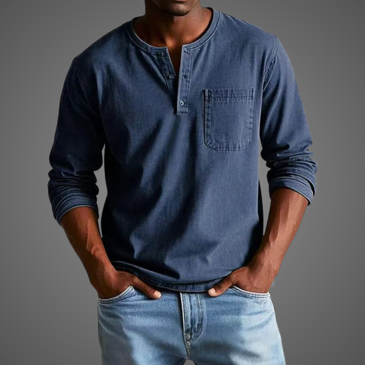 Men's Long Sleeve Cotton Henley Shirt - Relaxed Casual Everyday Top — Navy Blue