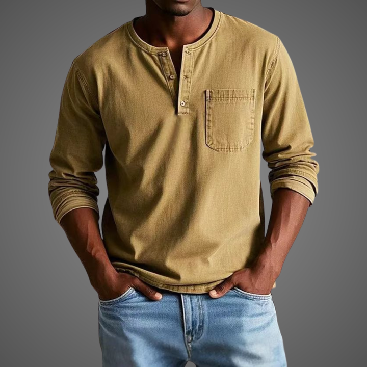 Men's Long Sleeve Cotton Henley Shirt - Relaxed Casual Everyday Top — Khaki