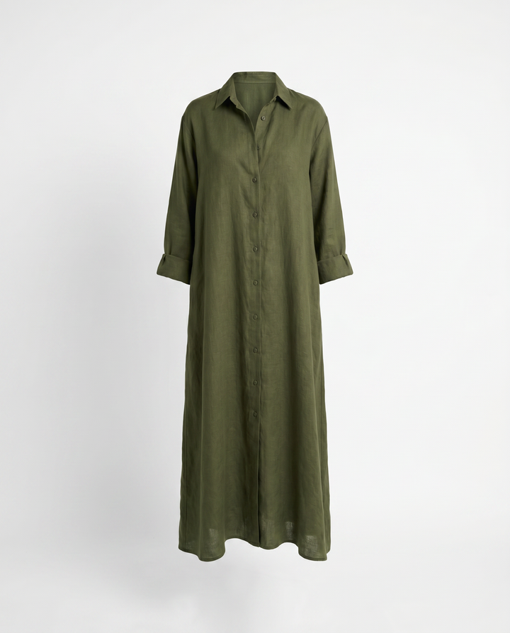 Agnes White Linen Maxi Shirt Dress — Army Green