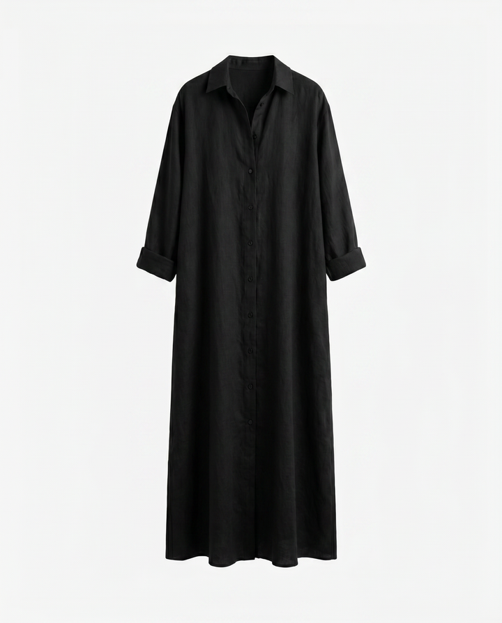 Agnes White Linen Maxi Shirt Dress — Black