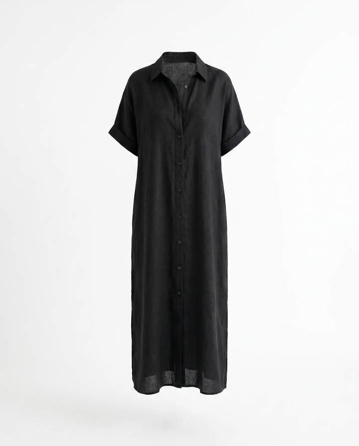 Gemma Linen Maxi Shirt Dress — Black