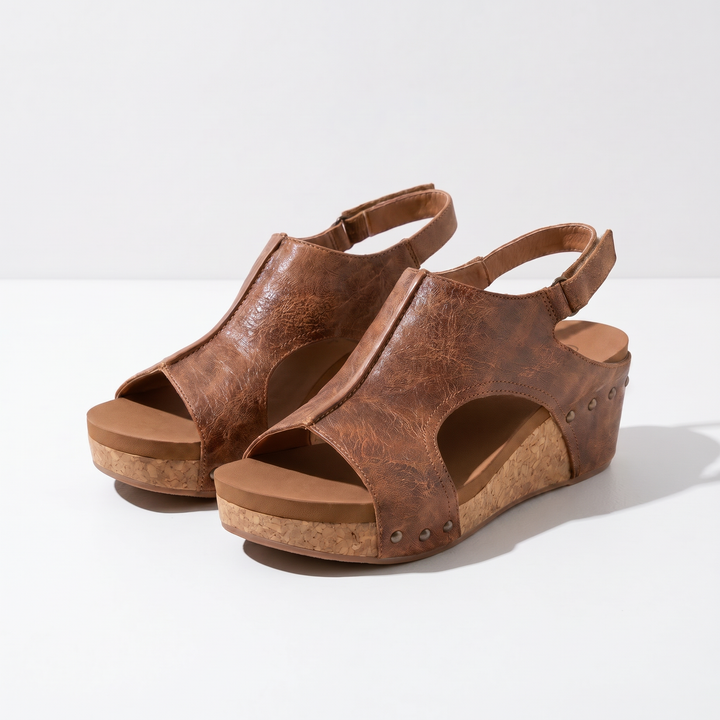Adela Studded Cork-Wedge Sandals — Brown