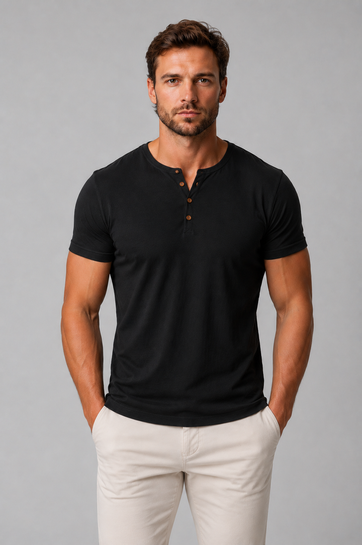 Men's Slim Fit Henley T-Shirt with Button Neck - Casual Everyday Essential — Black
