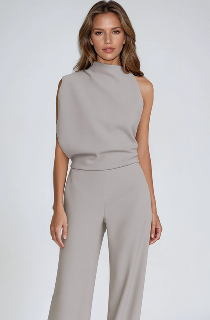 Jumpsuit Damen mit Stehkragen und weitem Hosenbein – Saphirelle