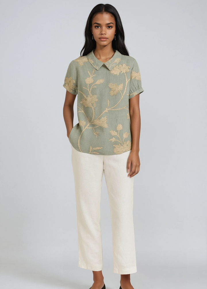 Colombe Floral Print Peter Pan Collar Blouse — Green 4