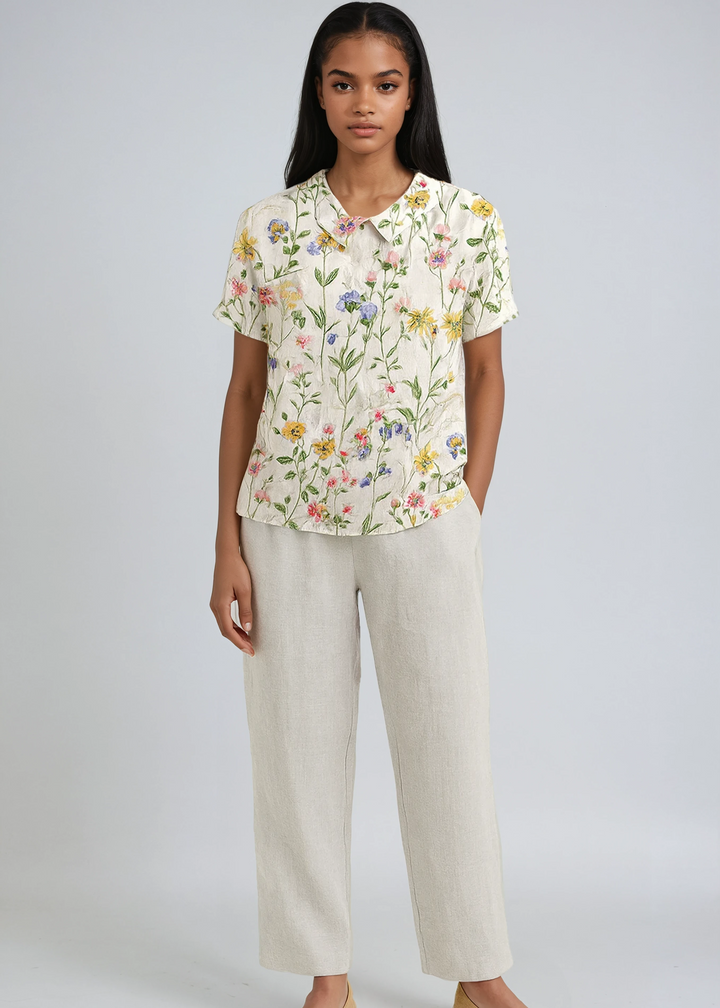 Colombe Floral Print Peter Pan Collar Blouse — White 1