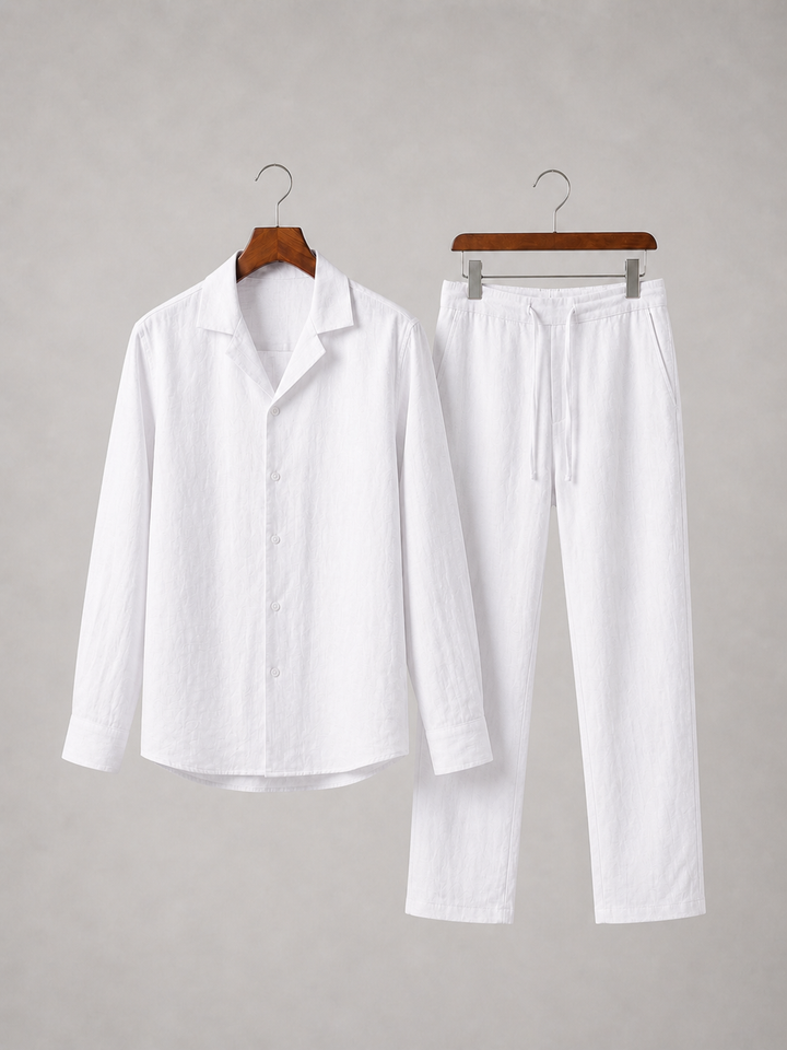 Men's Linen Look Shirt and Trousers Set with Relaxed Fit - Two-Piece Summer Outfit — White