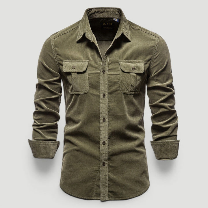 Men's Corduroy Button-Up Shirt with Slim Fit - Soft Textured Casual Shirt — Green