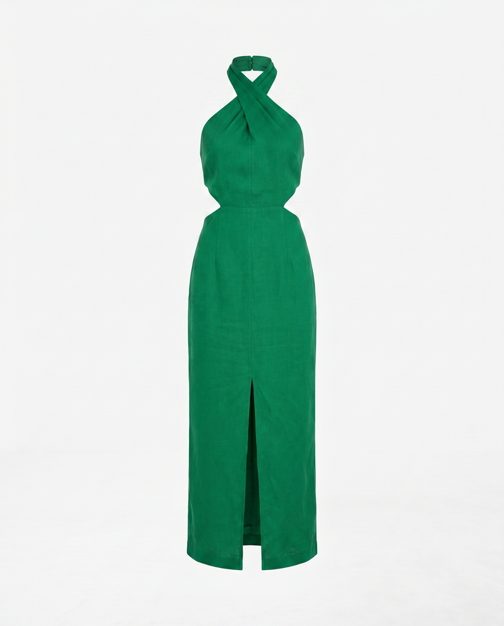 Adele Halter Neck Linen Maxi Dress — Green