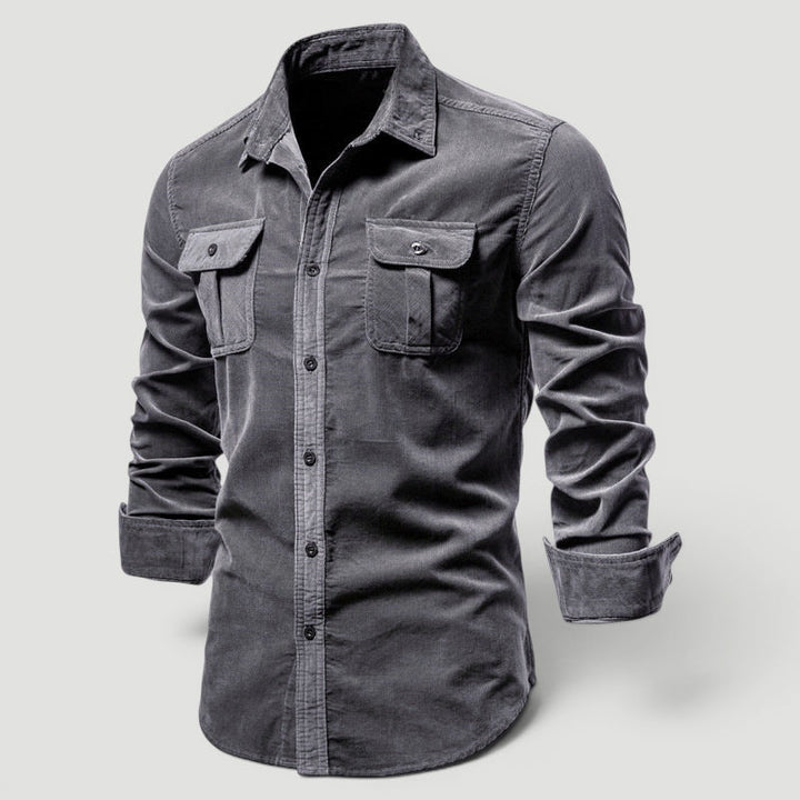 Men's Corduroy Button-Up Shirt with Slim Fit - Soft Textured Casual Shirt — Gray