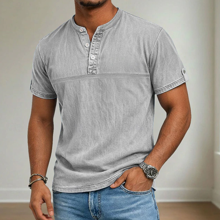 Men's Denim Shirt with Stand Collar and Short Sleeves - Casual Summer Shirt — Grey