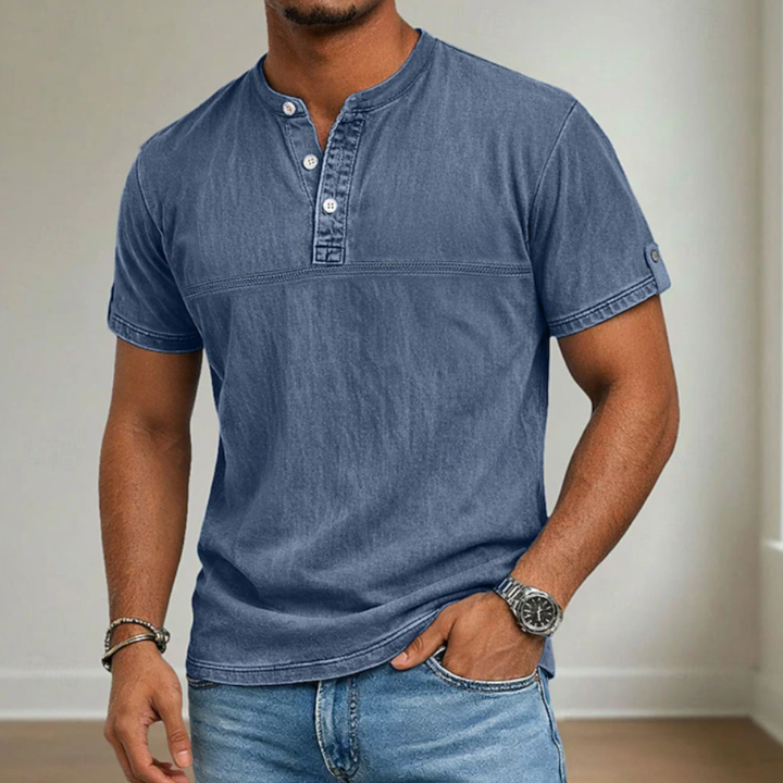 Men's Denim Shirt with Stand Collar and Short Sleeves - Casual Summer Shirt — Dark Blue