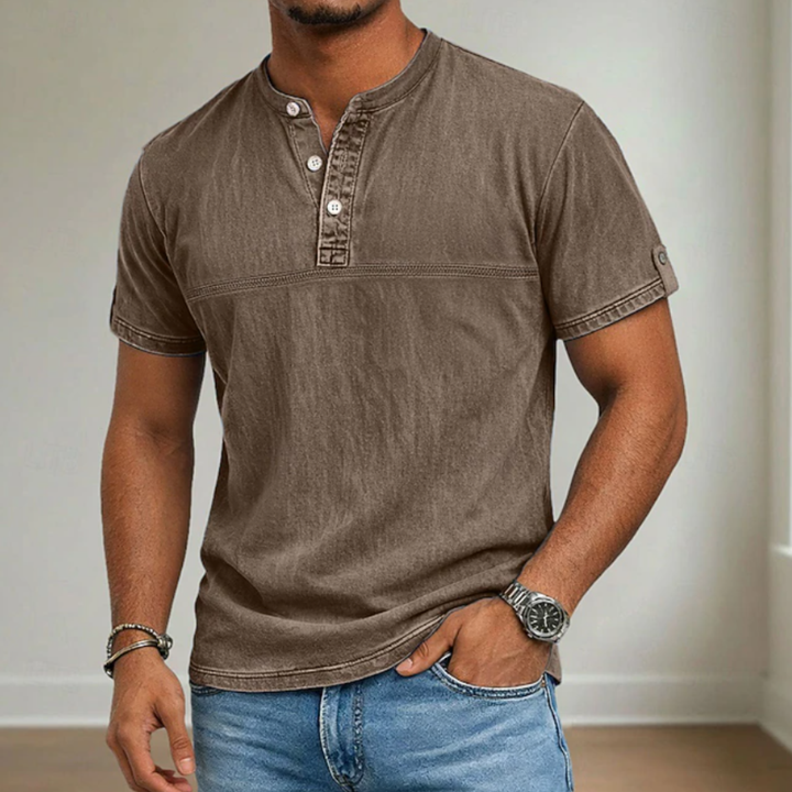Men's Denim Shirt with Stand Collar and Short Sleeves - Casual Summer Shirt — Brown