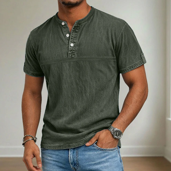Men's Denim Shirt with Stand Collar and Short Sleeves - Casual Summer Shirt — Green