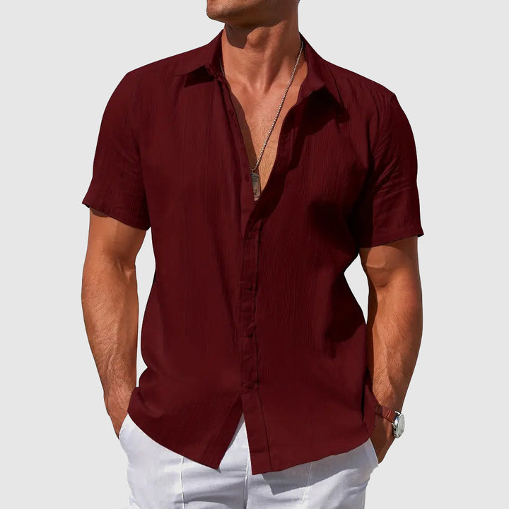 Men's Short Sleeve Linen Shirt with Button-Down Collar - Lightweight Summer Casual Shirt — Dark Red