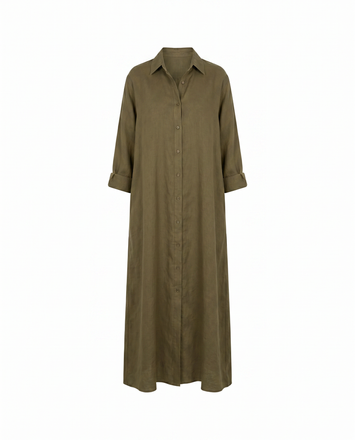 Agnes White Linen Maxi Shirt Dress — Khaki