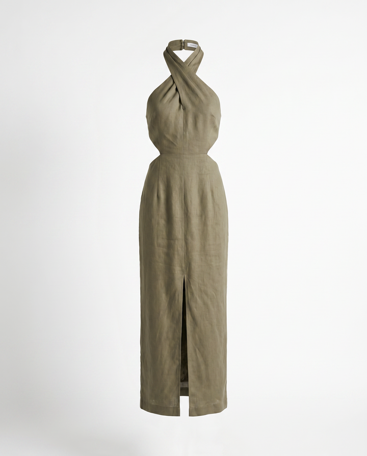 Adele Halter Neck Linen Maxi Dress — Khaki