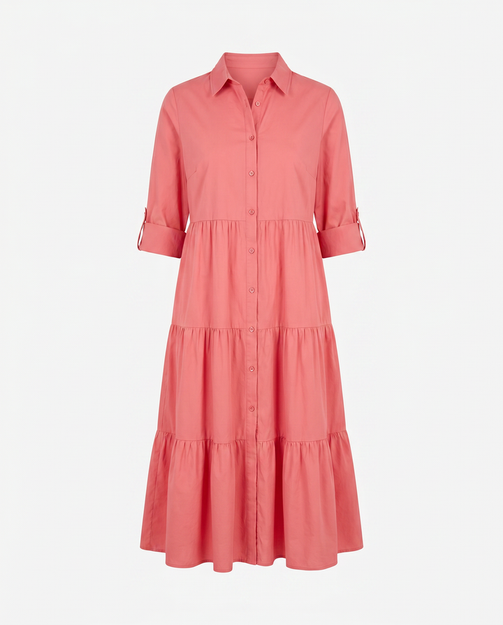 Aria Striped Midi Shirt Dress — Light Red