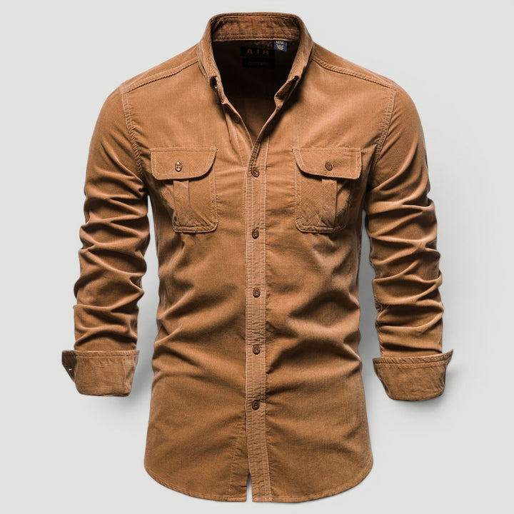 Men's Corduroy Button-Up Shirt with Slim Fit - Soft Textured Casual Shirt — Brown