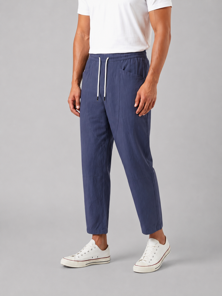 Men's Drawstring Cropped Trousers - Relaxed Summer Casual Pants — Navy
