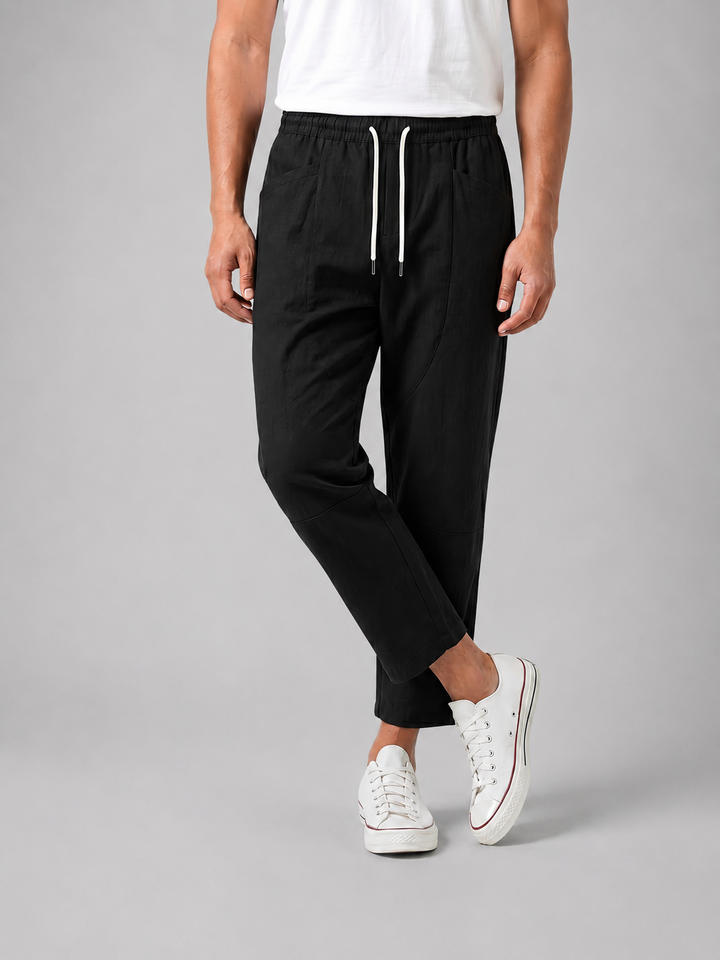 Men's Drawstring Cropped Trousers - Relaxed Summer Casual Pants — Black