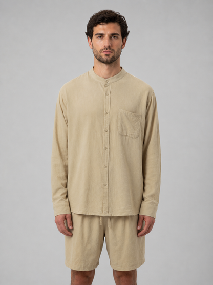 Men's Linen Look Band Collar Shirt & Shorts Set – Relaxed Summer Co-Ord