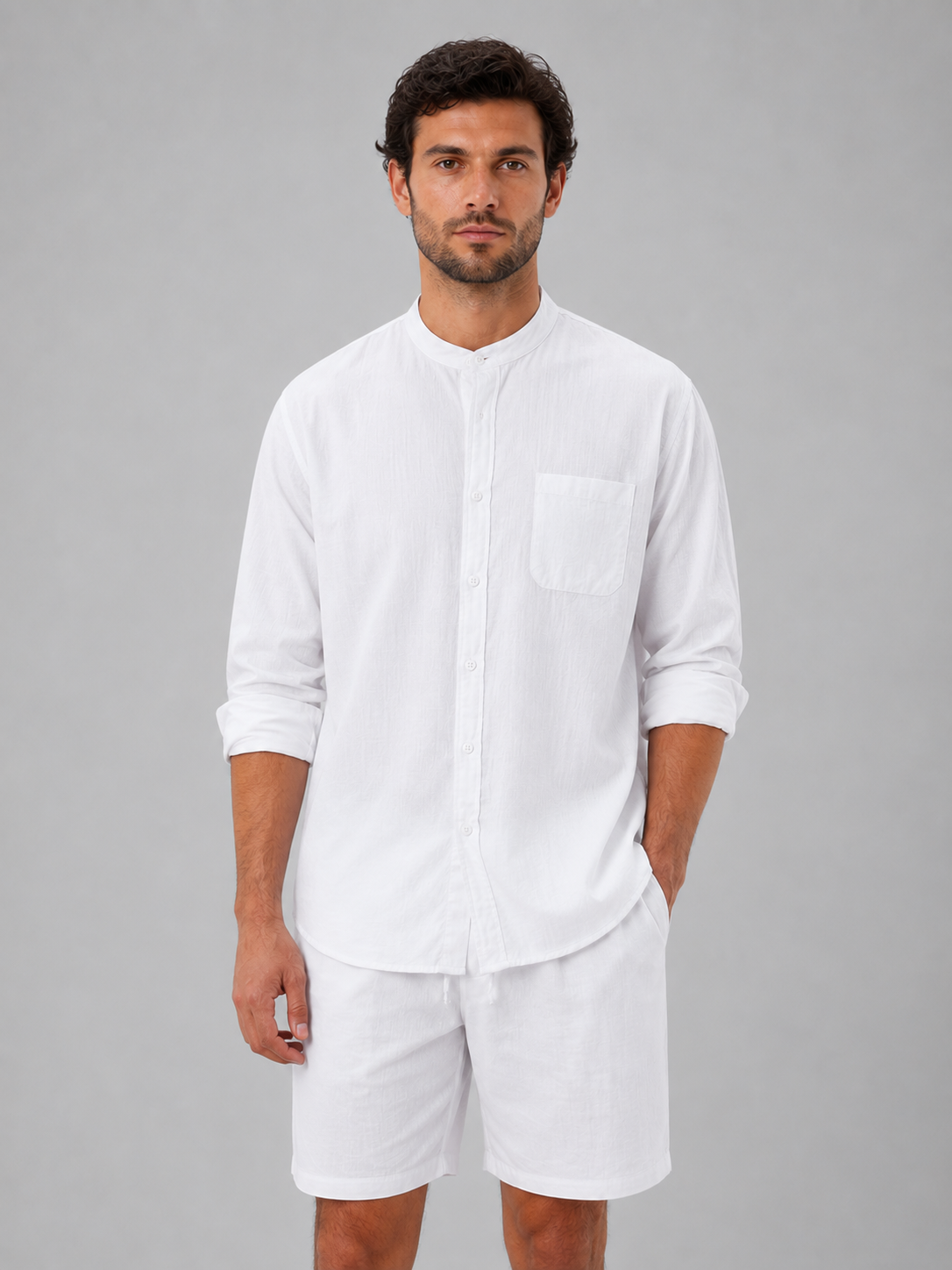 Men's Linen Look Band Collar Shirt & Shorts Set – Relaxed Summer Co-Ord