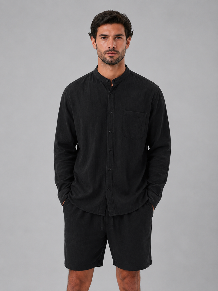 Men's Linen Look Band Collar Shirt & Shorts Set - Relaxed Summer Co-Ord — Black