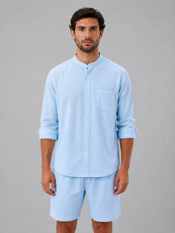 Men's Linen Look Band Collar Shirt & Shorts Set - Relaxed Summer Co-Ord — Light Blue