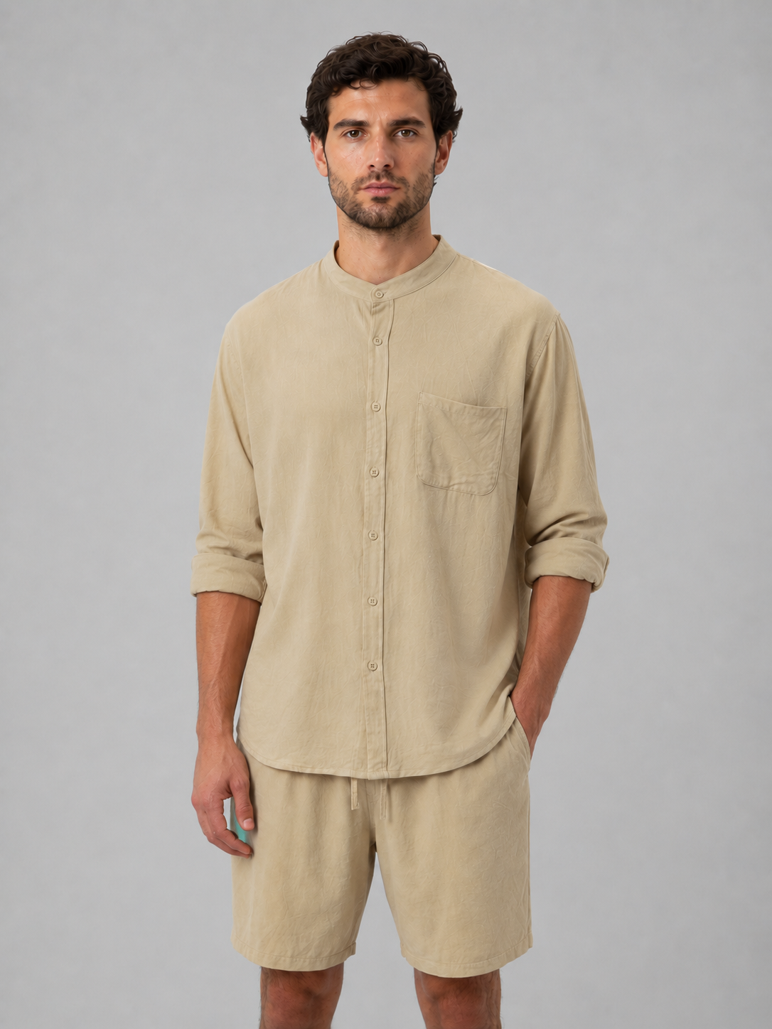 Men's Linen Look Band Collar Shirt & Shorts Set – Relaxed Summer Co-Ord