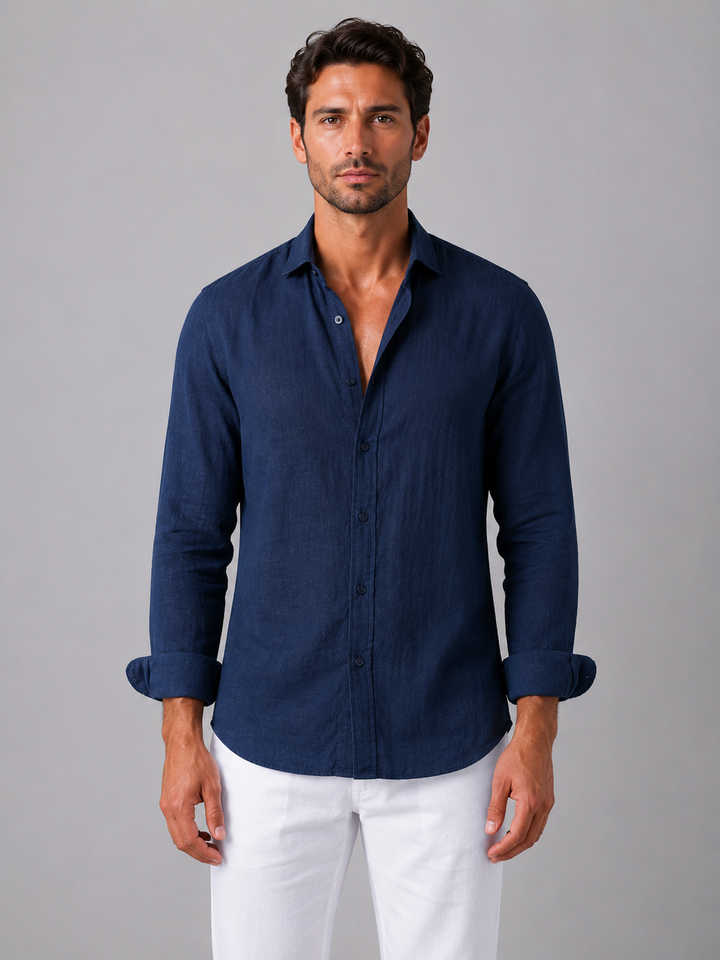 Men's Linen Look Button-Up Shirt - Relaxed Summer Essential — Navy