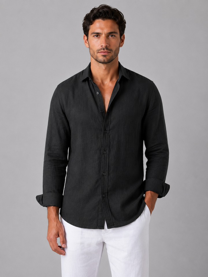 Men's Linen Look Button-Up Shirt - Relaxed Summer Essential — Black