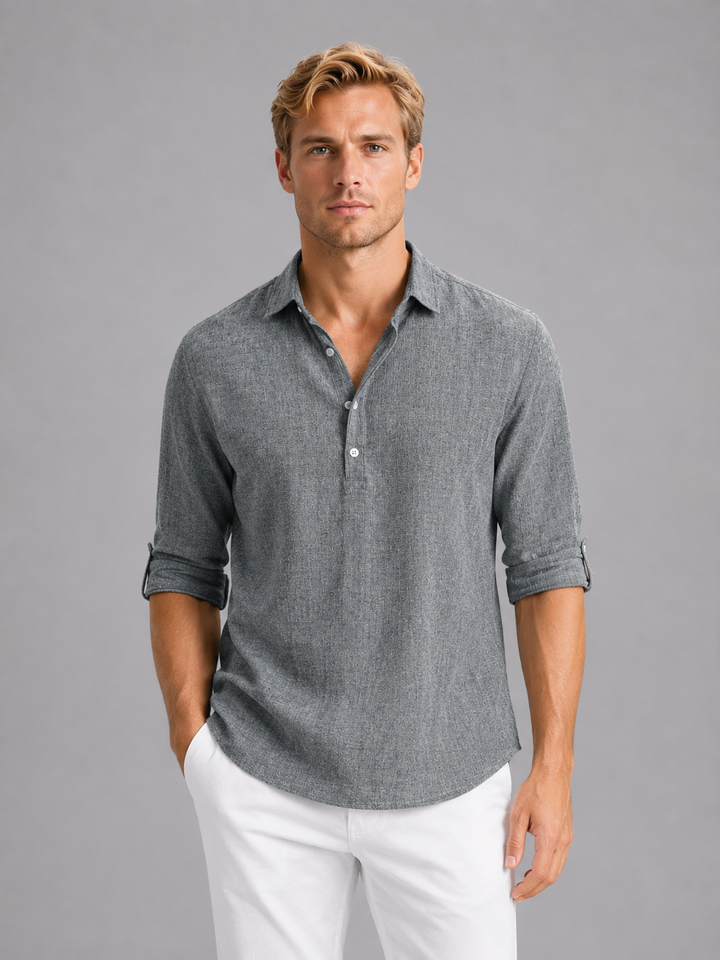 Men's Linen Look Long Sleeve Shirt with Relaxed Fit - Breathable Summer Shirt — Grey